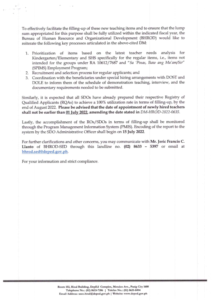 Approval of the Creation of New Teaching Positions from Kindergarten to Grade 12 for the School Year (SY) 2022-2023