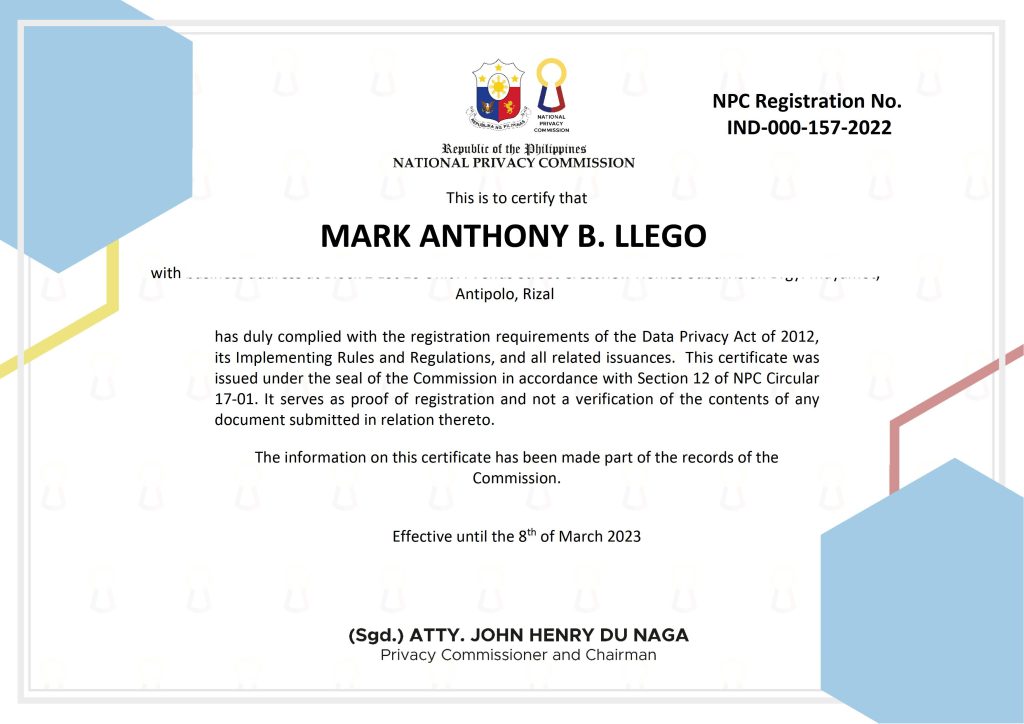 National Privacy Commission TeacherPH Certificate of Registration - Mark Anthony Llego Data Protection Officer