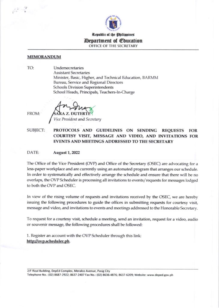 Protocols and Guidelines on Sending Requests for Courtesy Visit, Message and Video, and Invitations for Events and Meetings Addressed to the DepEd Secretary