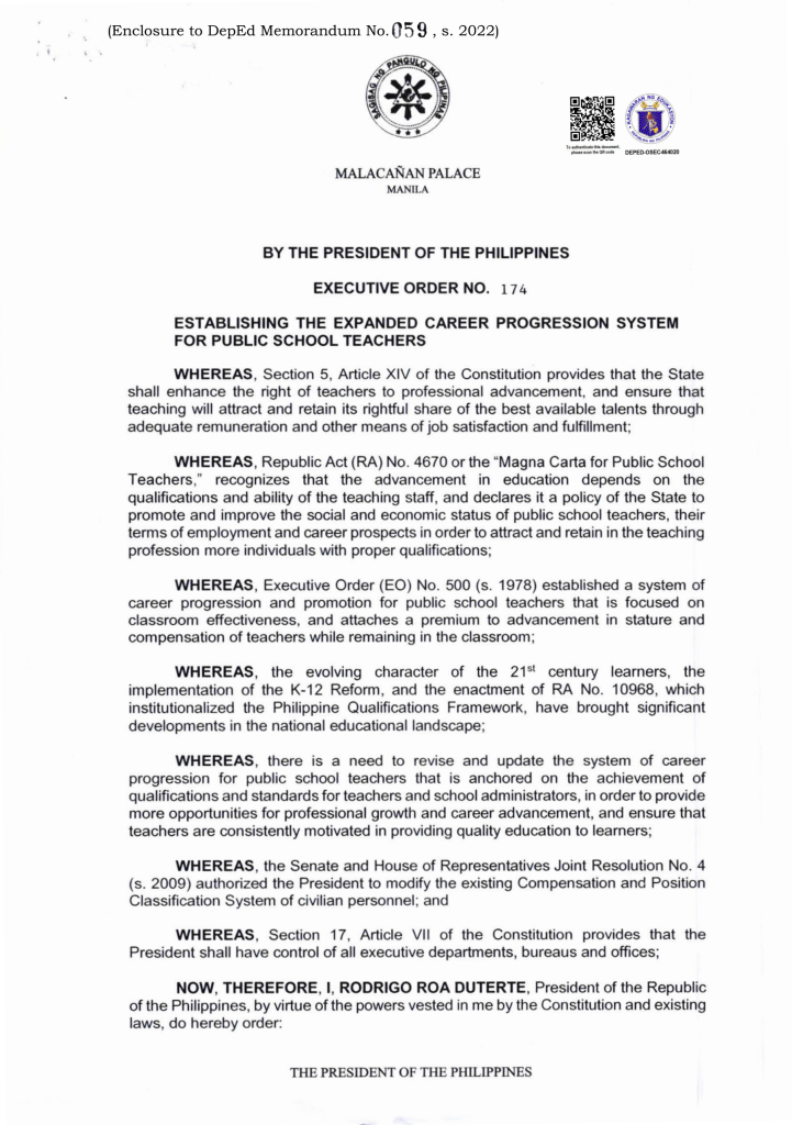 Executive Order No. 174 - Expanded Career Progression System for Public School Teachers
