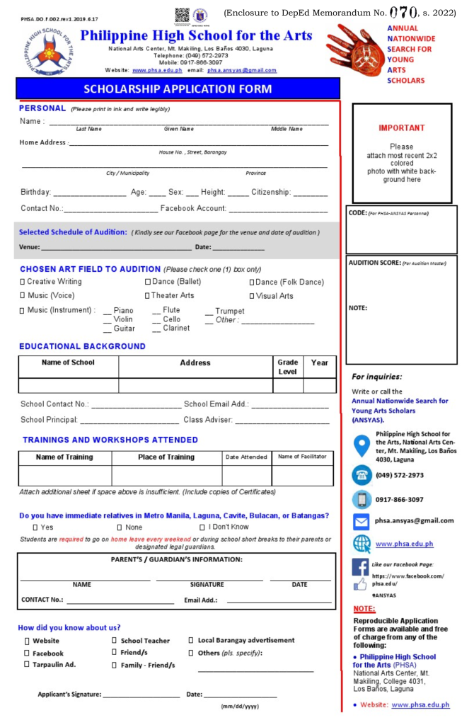 PHSA Scholarship Application Form